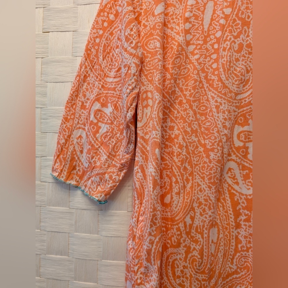Anne Klein Orange Paisley Button Down Tunic Dress High Low Hem 3/4 Sleeve Small - Picture 5 of 8